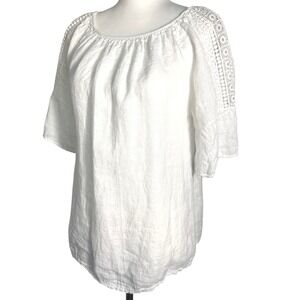 TERZO MILLENNIO Women's Medium White Made In Italy 100% Linen Crochet Sleeve Top
